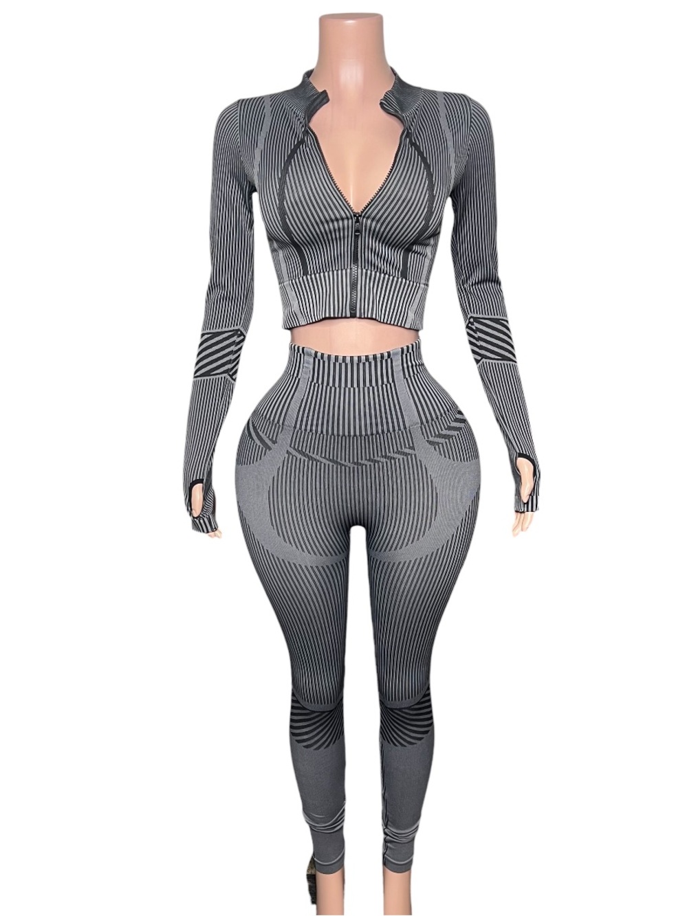 Seamless High-Waist Ribbed Active Leggings & Zip-Front Crop Jacket - Gray